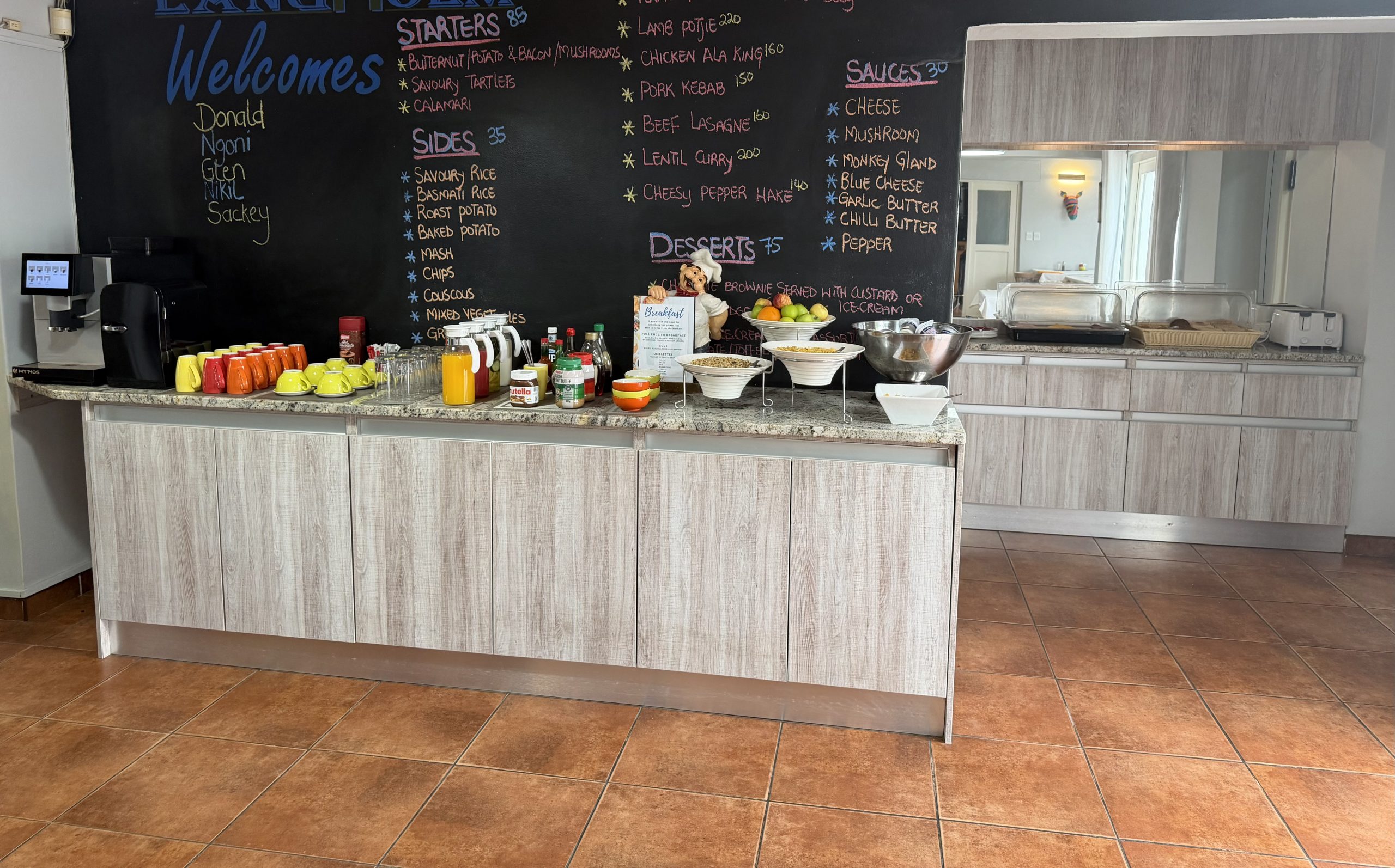 Breakfast buffet counter at The Langholm Hotel, Walvis Bay