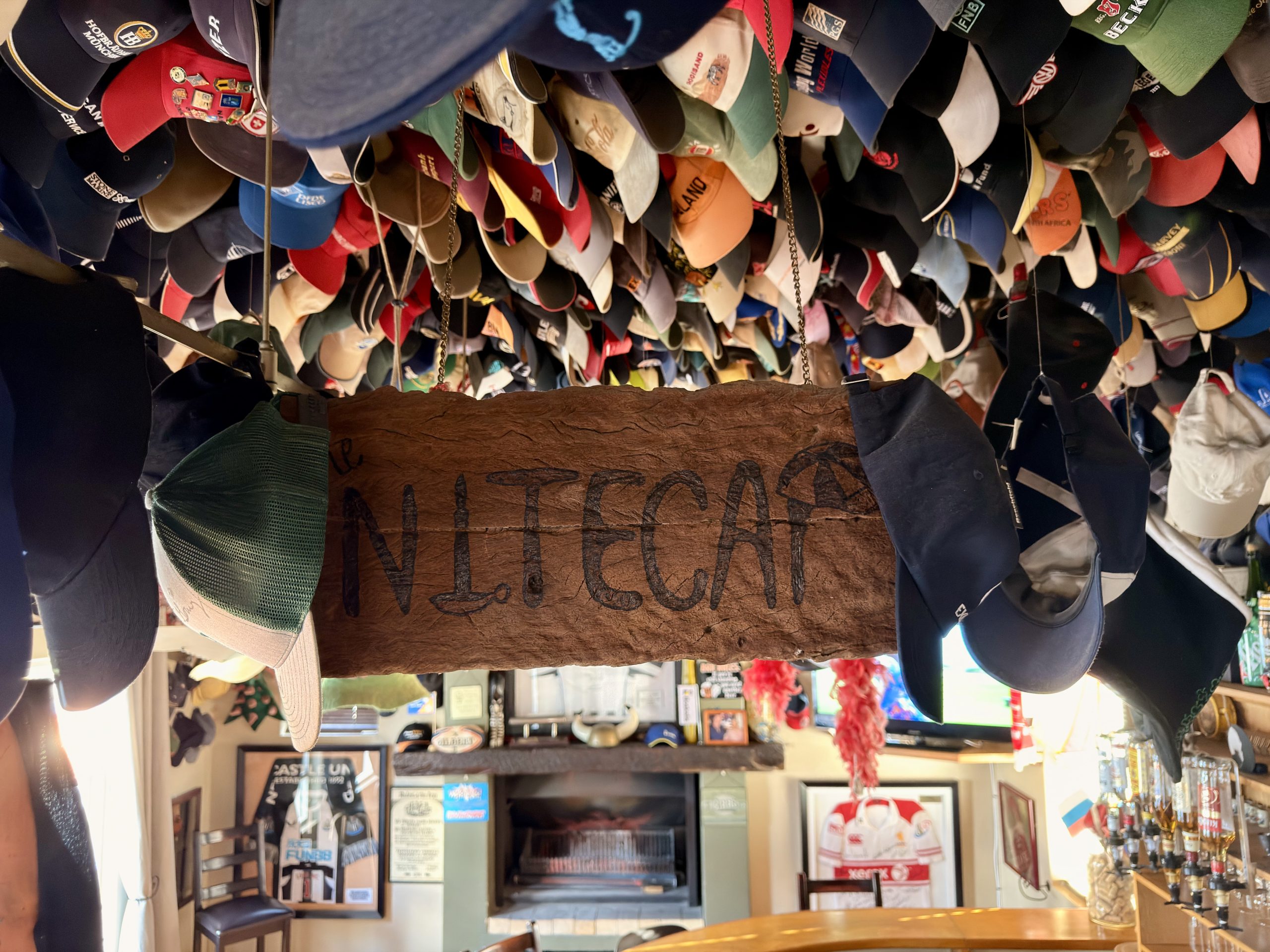 Bar counter and memorabilia in the NightCap Bar, Walvis Bay