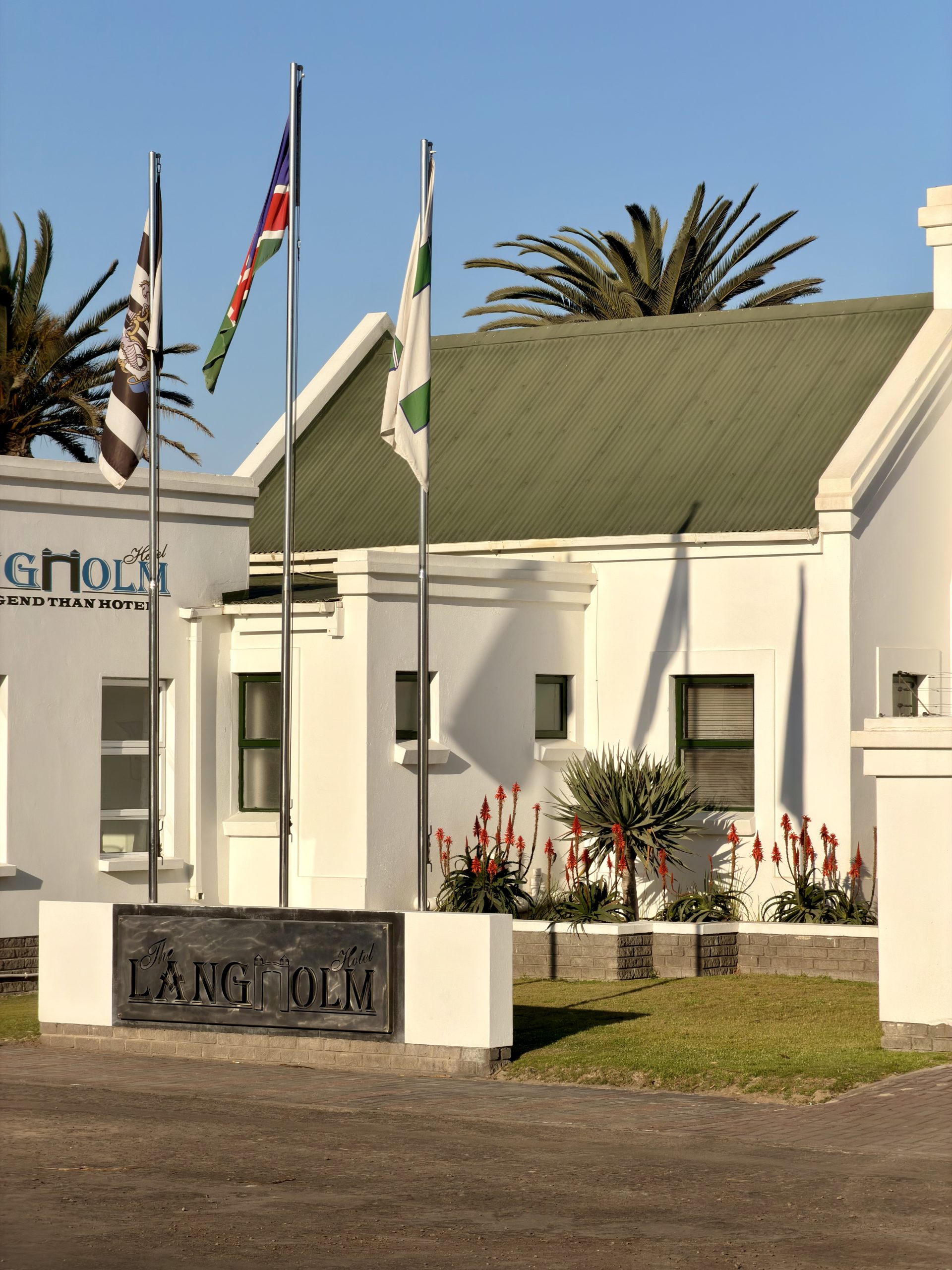 View across the grounds at The Langholm Hotel, Walvis Bay