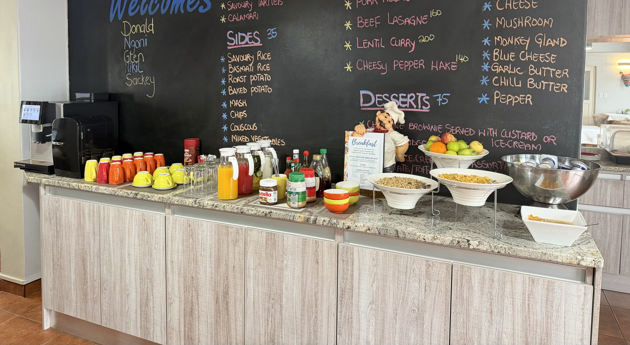 Breakfast buffet spread at The Langholm Hotel, Walvis Bay
