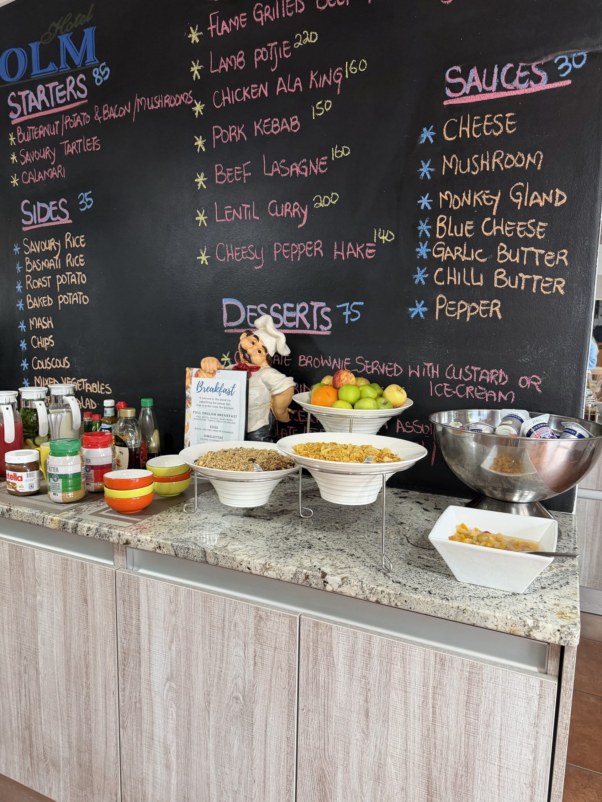 Breakfast buffet selection at The Langholm Hotel, Walvis Bay